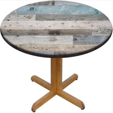 Imagem de EGVRNFJM Toalha de mesa redonda rústica, azul, cinza, textura de madeira, cobertura de mesa elástica para jantar, acampamento, uso ao ar livre, serve para mesa redonda de 61 cm