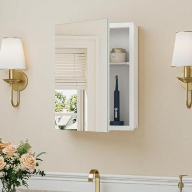 Imagem de Keonjinn Armário de remédios branco de tamanho pequeno 35 x 45 cm, apenas uma prateleira, montagem necessária, mini espelho de armário de remédios para banheiro compacto, prateleiras ajustáveis