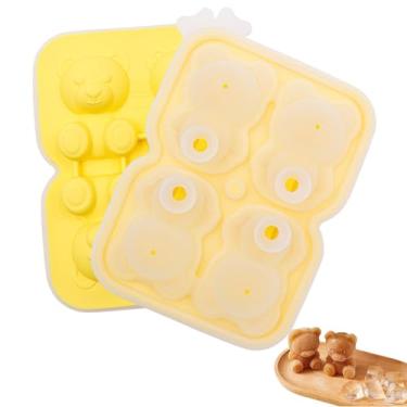 Imagem de Bandeja de silicone para cubos de gelo, bandeja grande para cubos de gelo com tampa para geladeira com recipiente, bandeja fofa de cubo de gelo de urso para fazer café de uísque congelado (amarelo)
