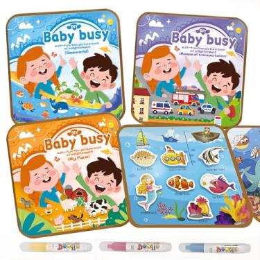 Imagem de Livro de colorir de água mágica dupla face para crianças, livro reutilizável de atividades de revelação de água silenciosa com caneta de água, adesivo de pintura de desenho de água DIY criativo livros