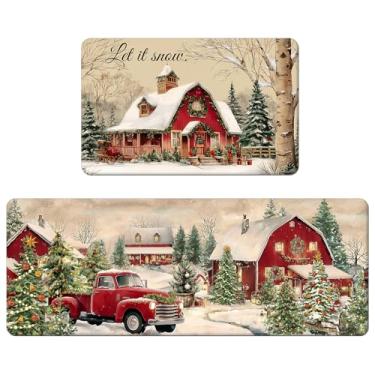 Imagem de APROPHIC Tapete de cozinha de Natal, Let It Snow Farm, trator de cena de neve, árvore de Natal, conjunto de 2 tapetes de cozinha de inverno, antiderrapante com suporte de borracha, tapete lavável de