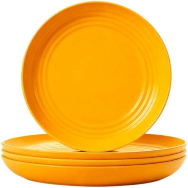 Imagem de XILEDUO Conjunto de 4 pratos de palha de trigo, inquebráveis, placa de plástico leve reutilizável para acampamento, cozinha, micro-ondas e lava-louças (amarelo)