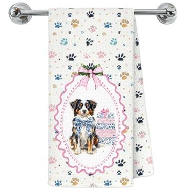 Imagem de Exqcom Blue Chinoiserie Toalhas de cozinha para cães pastor australiano, presentes de cachorro australiano, panos de prato de chá para decoração de cozinha, toalha de mão australiana com laço rosa