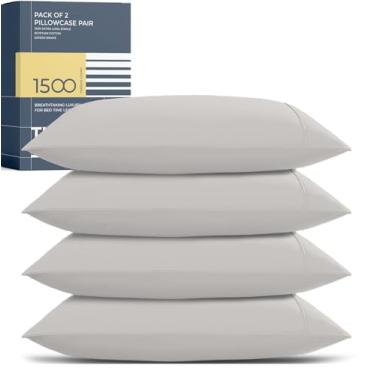 Imagem de THREAD SPREAD Capas de travesseiro 100% algodão egípcio king size pacote com 2 - capas de travesseiro de cetim de luxo 1500 fios cinza claro, fronhas de grampo extra longas macias e sedosas, serve