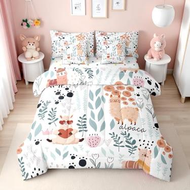 Imagem de Erosebridal Conjunto de edredom completo de 7 peças com lençóis, estampa de animais de zoológico, fofo, para crianças, meninas, meninos, colcha de flores rosa, folhas verdes, kawaii, cama em uma bolsa