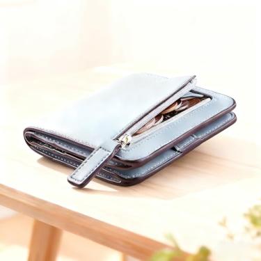 Imagem de Carteira pequena para mulheres, fina, compacta, para cartão de crédito, carteira feminina de couro, porta-cartões de crédito, pacote com 1, Azul, Clássico