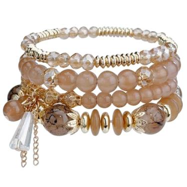 Imagem de BHDJSHX Conjunto de pulseiras elásticas empilháveis com contas boêmias, conjunto com berloques e borlas, pulseiras elásticas de várias camadas, verão, praia, praia, joia boho, presente para mulheres