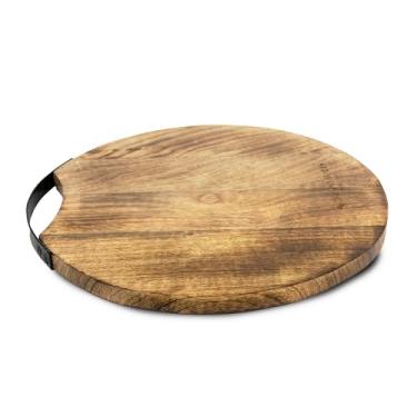 Imagem de DREAMY WALLS Bandeja redonda de madeira para servir de 35 cm com alça de metal | Mesa de cama feita à mão para alimentos, bandeja de lanches de café, tábua de charcutaria e queijo, itens de acessórios