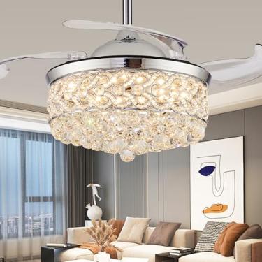 Imagem de PAFRUMGE Ventilador de teto de cristal de 106,7 cm com luz e controle remoto, lustre regulável com lâminas retráteis invisíveis, ventiladores de teto de lustre moderno com luzes para quarto, sala de