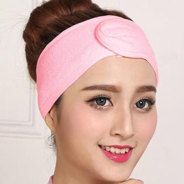 Imagem de Faixa de cabelo feminina macia para spa facial ajustável, elástica, esportiva, lavagem de banho, maquiagem facial, rosa, 61 x 8,5 cm