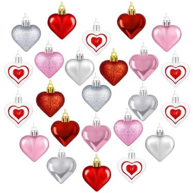 Imagem de 24 peças de enfeites de coração, 7 tipos de enfeites de dia dos namorados para árvore, decorações de árvore de dia dos namorados em 4 cores, enfeites em forma de coração com glitter para decoração de