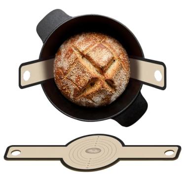 Imagem de Tapete de silicone para assar pão: Resistente ao calor até 250°C; possui uma alça longa para facilitar o uso com panelas de ferro fundido. Reutilizável e ideal para assar pão de fermento; também é um