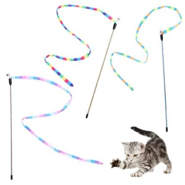 Imagem de Brinquedo interativo de varinha de arco-íris para gatos com varinha e cordão de brinquedo colorido para gatos com sinos, cordas de tecido arco-íris, fita de mastro resistente para exercícios internos
