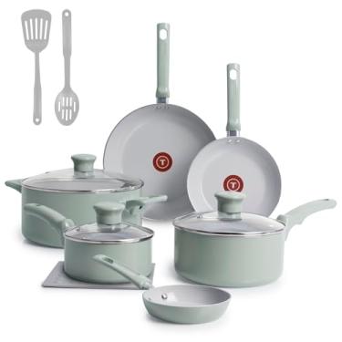 Imagem de T-Fal Refresh Conjunto de panelas antiaderentes de cerâmica, seguro para forno até 12 peças, inclui panela, grelha, frigideiras, utensílios, conjunto de panelas e frigideiras de cerâmica, verde menta