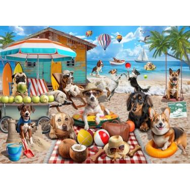 Imagem de Naturelish Quebra-cabeça de 1000 peças para adultos - Cena de férias de cães de praia com cabana de coco, balões de ar quente e detalhes divertidos, quebra-cabeça divertido e desafiador da Naturelish