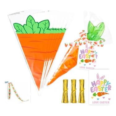 Imagem de FYSUIMU 100 peças de saco de celofane de Páscoa, sacos de plástico triangulares, sacos de guloseimas de cenoura e doces com laços torcidos, fita para pipoca, lanche, biscoito, lembrancinhas de festa