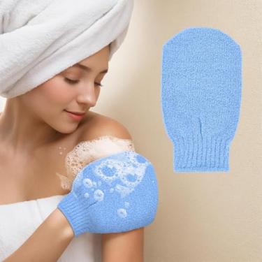 Imagem de Luvas esfoliantes, pacote com 2, toalha de banho, esponja esfoliante, azul