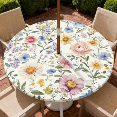 Imagem de Yesad Toalha de mesa redonda para uso ao ar livre com orifício para guarda-chuva, toalha de mesa com zíper e borda elástica, capa de toalha de mesa à prova d'água para piqueniques, serve para mesa