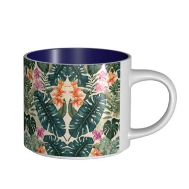 Imagem de ZERAOKE Folhas de palmeira de flores havaianas de verão tropical - Caneca grande de cerâmica impressa para café, capacidade grande para escritório e casa, pode ser lavada na lava-louças, design com