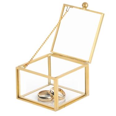 Imagem de AMGSH Caixa organizadora de joias de vidro vintage pequena dourada | Caixa retangular com tampa decorativa de vidro para exibição, pequena caixa de lembrança, anéis e pulseira organizadora de brincos