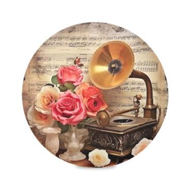 Imagem de Wassud Jogo americano vintage gramofone e rosas tapetes de mesa redondos para cozinha e jantar tapetes laváveis resistentes ao calor decoração de mesa 39 cm
