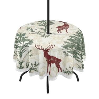 Imagem de CEBUGI Toalha de mesa redonda para ambientes externos, cervos, árvore de Natal, impermeável, com furo Umberlla, capa de mesa lavável para pátio, cozinha, sala de jantar, 152 cm