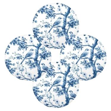 Imagem de Wassud Jogo americano conjunto de 4 tapetes redondos com ilustração de pássaro azul para cozinha e jantar, tapetes laváveis e resistentes ao calor, decoração de mesa 39 cm