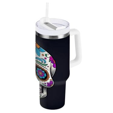 Imagem de Kigai Copo de 1,134 g com alça, copos coloridos com isolamento de caveira de açúcar com tampa e canudo, garrafa de água esportiva grande de metal, caneca de café de viagem de aço inoxidável