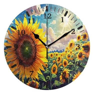 Imagem de CEBUGI Relógio de parede de campo de girassol operado por bateria, relógios de parede silenciosos sem tique-taque para cozinha, banheiro, quarto, escritório, decoração 25,4 cm
