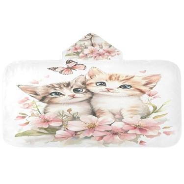 Imagem de Burbuja Toalha de banho com capuz borboleta de dois gatinhos flores para crianças, toalha de praia de pelúcia macia absorvente para meninas e meninos 3-10 anos, 61 x 127 cm