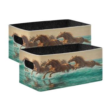 Imagem de Burbuja Caixa de armazenamento dobrável para cavalos galopando no mar com alças – Caixa de armazenamento de feltro para organizar brinquedos, livros, maquiagem, panos, meias em prateleira, armário