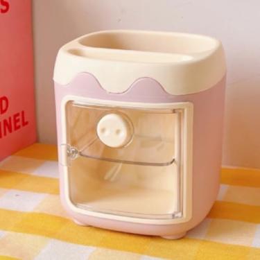 Imagem de Porta Lápis em Formato de Mini Geladeira Kawaii, Organizador de Mesa com Porta e Compartimentos, Rosa e Bege, 12cm x 10.5cm x 10.5cm, com Adesivos Decorativos
