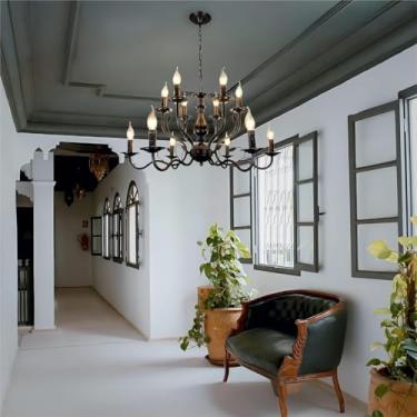 Imagem de Lustre preto de 12 lâmpadas, estilo vintage clássico de fazenda, para sala de jantar, luminária pendente de ferro, luminária de teto industrial moderna, adequado para quarto, hall de entrada