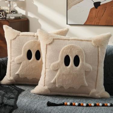 Imagem de DFXSZ Capas de travesseiro de Halloween 50,8 x 50,8 cm, conjunto de 2 capas de almofada de lã sintética de olhos pretos bege fantasma macio de pelúcia sintética para cadeira, sofá, quarto, sala de