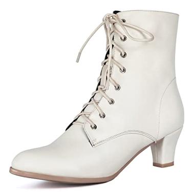 Imagem de Cozivwaiy Botas femininas vintage vitorianas anos 70 com cadarço, cano médio, botas de bruxa avó, sapatos de fantasia, salto cônico, zíper, bico amêndoa, Bege, 38