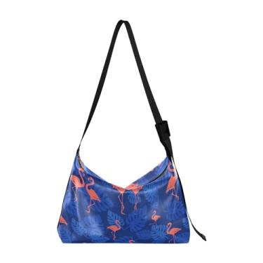 Imagem de Bolsas de couro macio com folhas de bordo de abóbora outono Hobo Grande Bolsa masculina de couro exclusiva com estampa de folha bolsa Hobo, Folha de flamingo rosa, azul royal