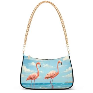 Imagem de Bolsa feminina Magic Sea World pequena Hobo bolsa feminina designer bolsa de mão com corrente sobre ombro, Praia de flamingos rosa
