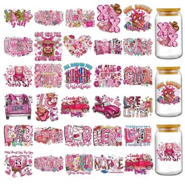 Imagem de Adesivos UV DTF para Dia dos Namorados – 30 Folhas Rosa Enfermeira LPN UV DTF Cup Wraps para 16 copos de 590 ml, decalque de transferência a frio com coração de urso fofo para decoração de garrafa de