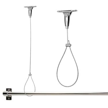 Imagem de KAKUPPA Suporte de varão de cortina de chuveiro montado no teto, suporte de haste de chuveiro ajustável para hastes de chuveiro curvas e em forma de L, kit de montagem de teto antiflacidez de aço