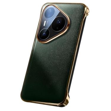 Imagem de LTLMYDAM Capa de revestimento para Huawei Pura 80 Ultra/80 Pro/80Pro+/80, Capa de couro genuíno de luxo sem moldura galvanizada com borda dourada fina, verde, 80 Pro+