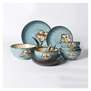 Imagem de Conjunto de pratos de jantar de 10 peças de cerâmica conjunto de pratos frescos e elegantes conjuntos de pratos de jantar de cerâmica durável, serviço para 2, pratos de jantar azul/verde/vermelho/rosa