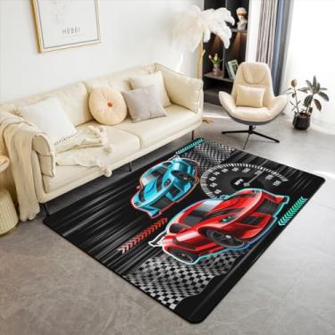 Imagem de Tapete de carro de corrida 3'x5'(100 cm x 150 cm x 1 cm), tapete antiderrapante com tema de esportes radicais para crianças, tapete colorido para decoração de carro esportivo para sala de estar