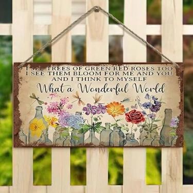 Imagem de Placa suspensa de 10 x 20 cm - Que mundo maravilhoso com flores, decoração rústica de casa de fazenda para cerca, varanda, jardim (casa vintage e design floral)