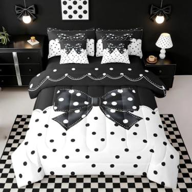 Imagem de Feelyou Conjunto de edredom fofo com laço, 7 peças, solteiro, de bolinhas, para crianças, meninos, meninas, preto e branco, para decoração de quarto, microfibra leve e macia