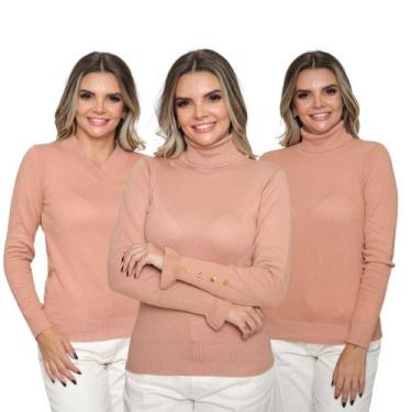 Imagem de Kit 3 Blusa Feminina Tricô Deconte V Gola Alta Manga Botão Lã Lisa Inv