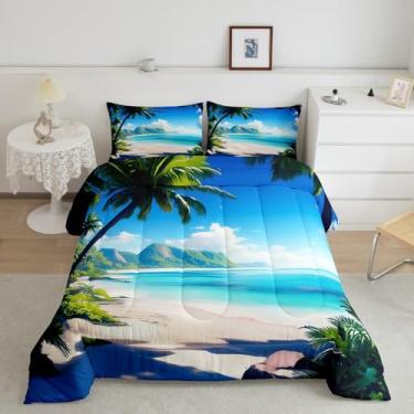 Imagem de Feelyou Conjunto de cama Queen para crianças, oceano, praia, palmeiras marinhas, estampa de areia, decoração de quarto de meninos e meninas, edredom tropical costeiro, estilo havaiano