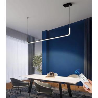 Imagem de Luminária pendente LED moderna e simples em formato de U, com altura ajustável, 90 cm, dimerizável, com controle remoto, ideal para sala de jantar, escritório e bar (Preta, A90)