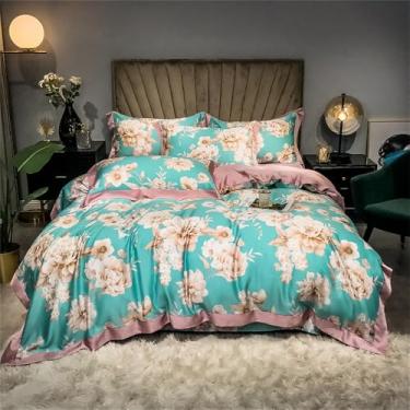 Imagem de Jogo de cama macio e sedoso com estampa floral refrescante de verão, capa de edredom e lençol, estilo 7, tamanho Queen (200x230cm), 4 peças