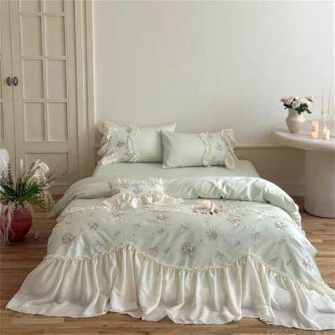 Imagem de Conjunto de cama princesa com babados bordados de rosas em algodão, capa de edredom, lençol de baixo e elástico, verde, lençol de baixo 1,5MBed