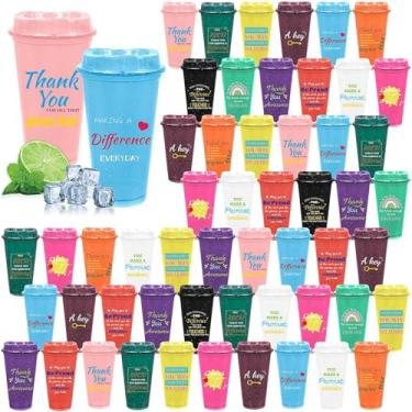 Imagem de M-Aimee 48 peças de copos de café de plástico Thank You com tampas, copos inspiradores reutilizáveis de 473 ml, caneca de viagem de presente de agradecimento do funcionário para professor voluntário